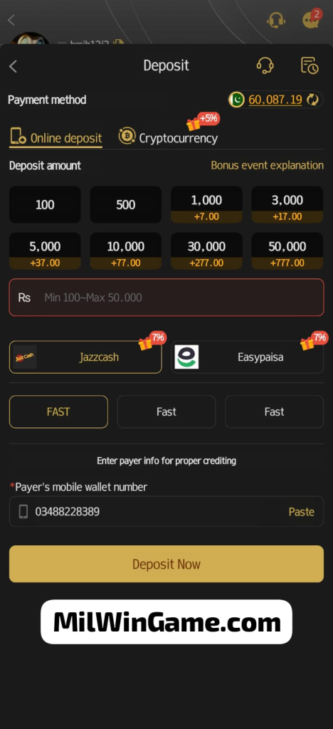 MilWin Deposit and Withdrawal